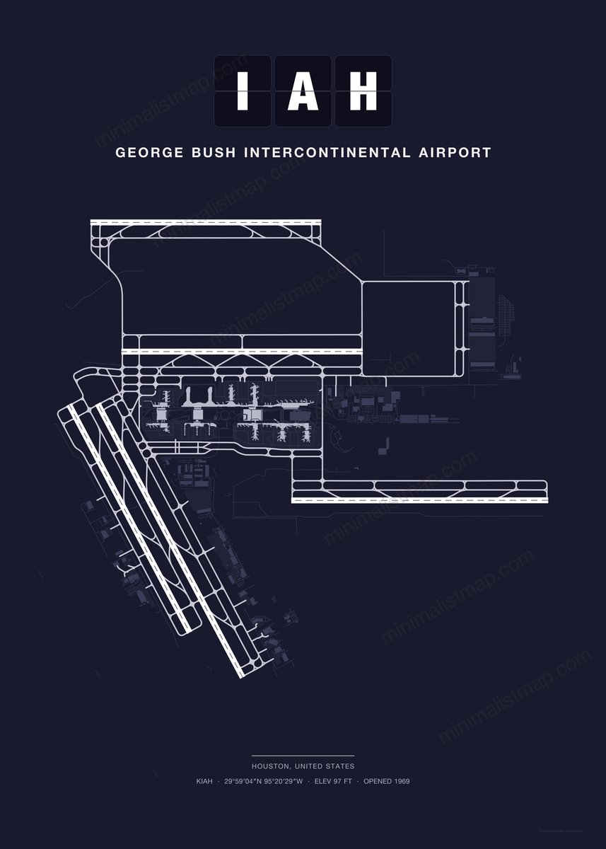 IAH George Bush Intercontinental Airport map poster, Dark style, minimalist navy airport map