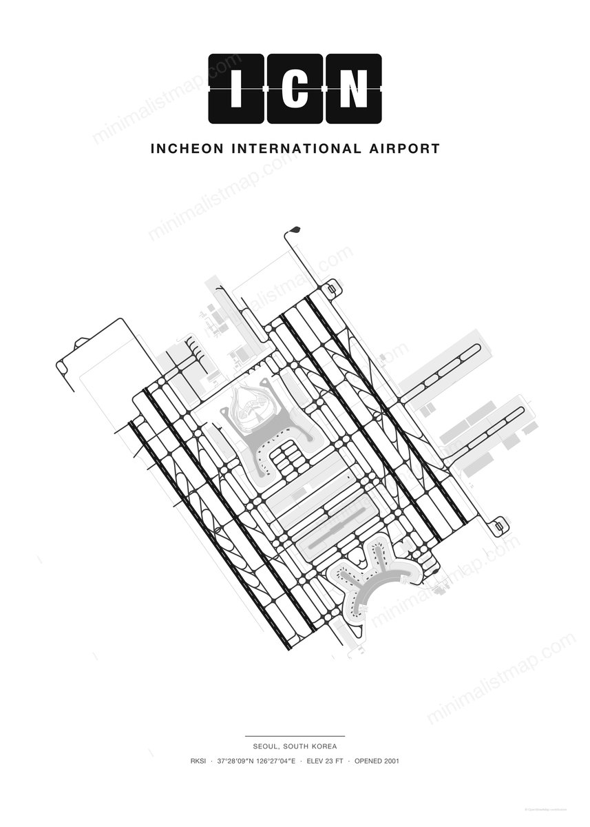 ICN Incheon International Airport map poster, Classic style, minimalist black and white airport map