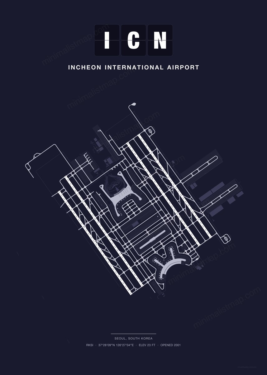 ICN Incheon International Airport map poster, Dark style, minimalist navy airport map