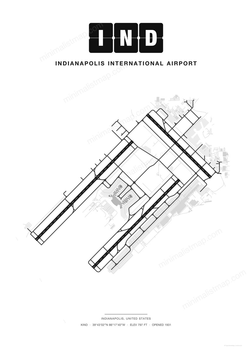 IND Indianapolis International Airport map poster, Classic style, minimalist black and white airport map