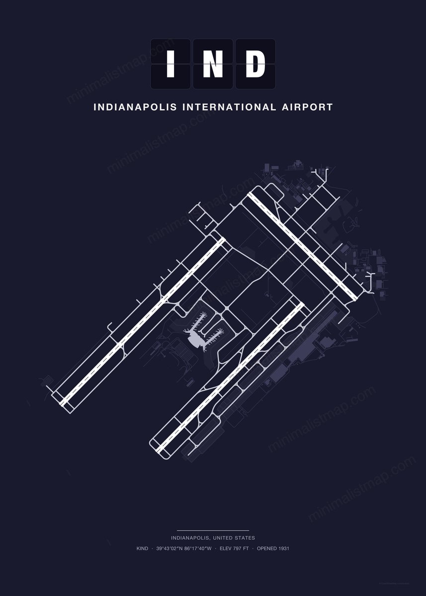 IND Indianapolis International Airport map poster, Dark style, minimalist navy airport map