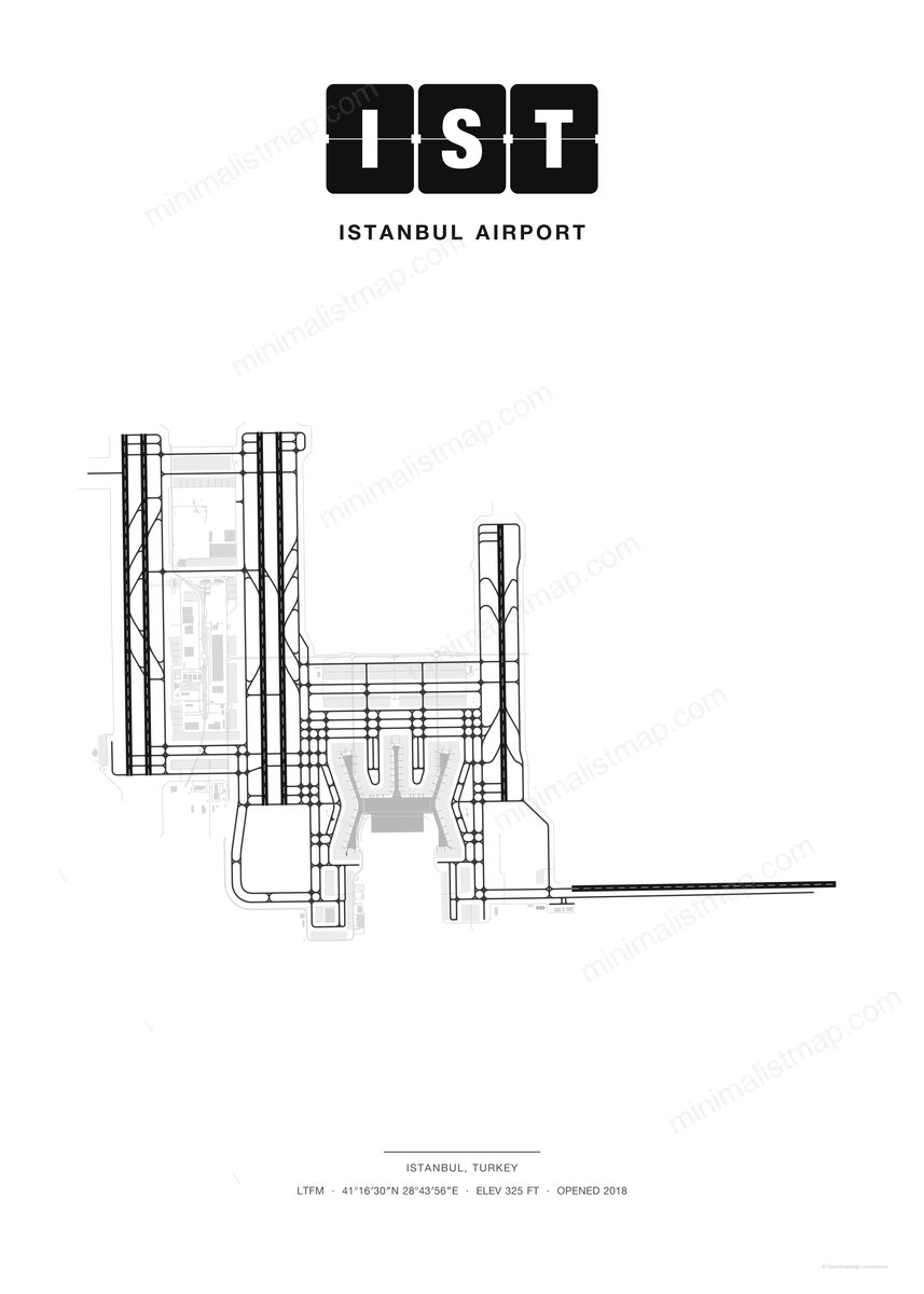 IST Istanbul Airport map poster, Classic style, minimalist black and white airport map