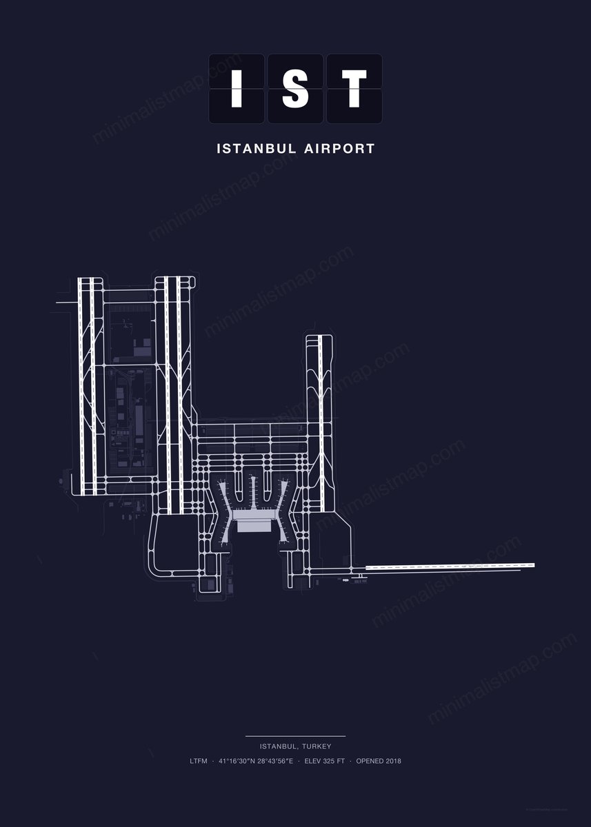 IST Istanbul Airport map poster, Dark style, minimalist navy airport map