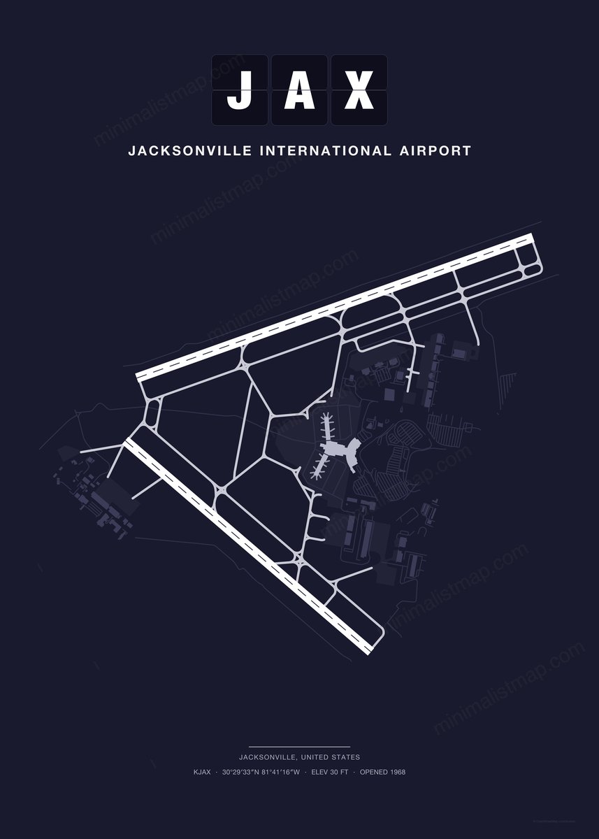 JAX Jacksonville International Airport map poster, Dark style, minimalist navy airport map
