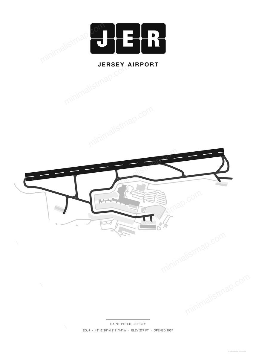 JER Jersey Airport map poster, Classic style, minimalist black and white airport map