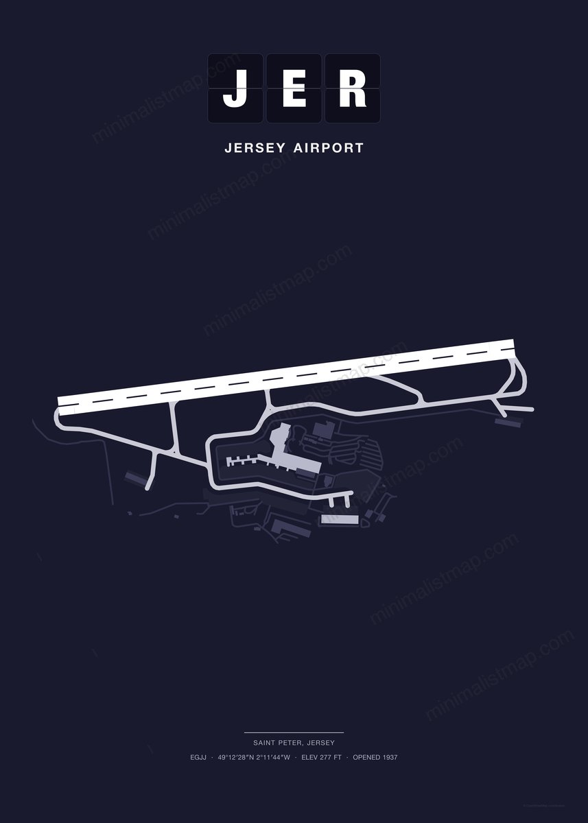 JER Jersey Airport map poster, Dark style, minimalist navy airport map