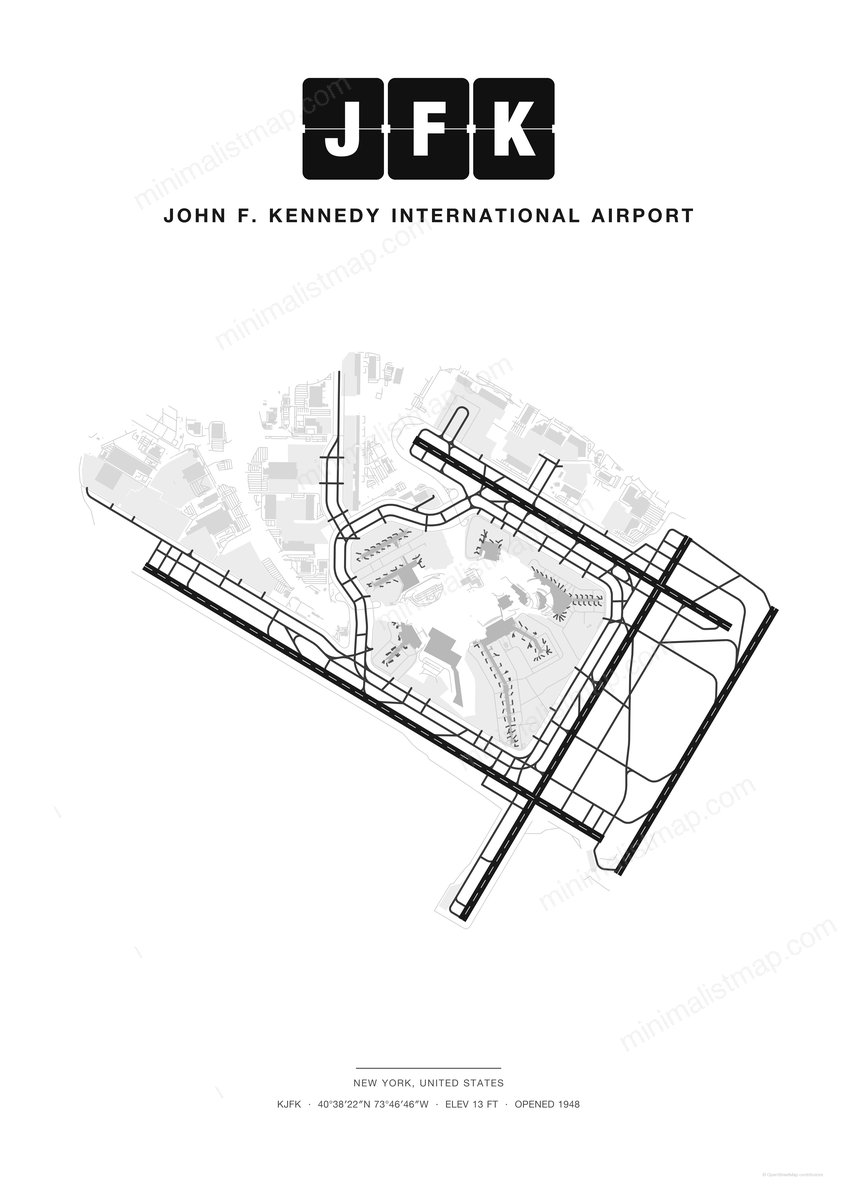 JFK John F. Kennedy International Airport map poster, Classic style, minimalist black and white airport map