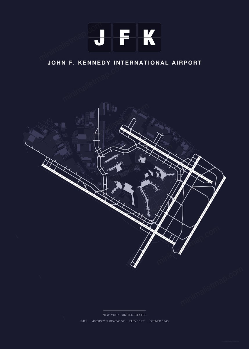 JFK John F. Kennedy International Airport map poster, Dark style, minimalist navy airport map