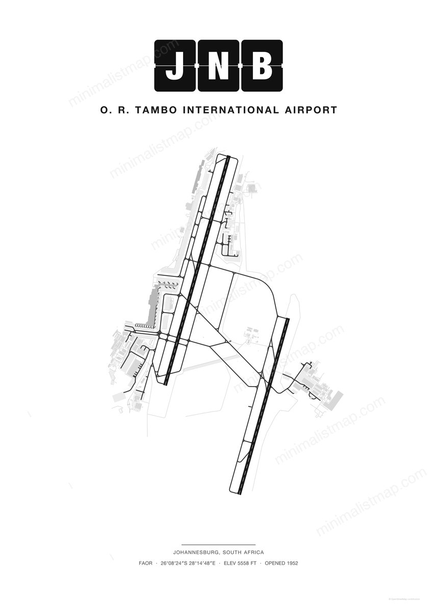 JNB O. R. Tambo International Airport map poster, Classic style, minimalist black and white airport map