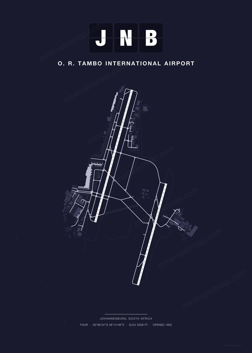 JNB O. R. Tambo International Airport map poster, Dark style, minimalist navy airport map