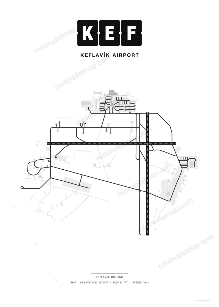 KEF Keflavík Airport map poster, Classic style, minimalist black and white airport map