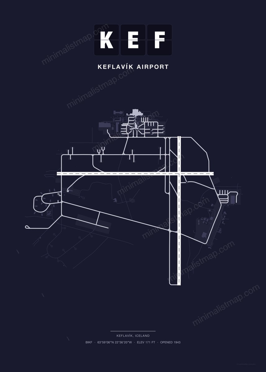 KEF Keflavík Airport map poster, Dark style, minimalist navy airport map
