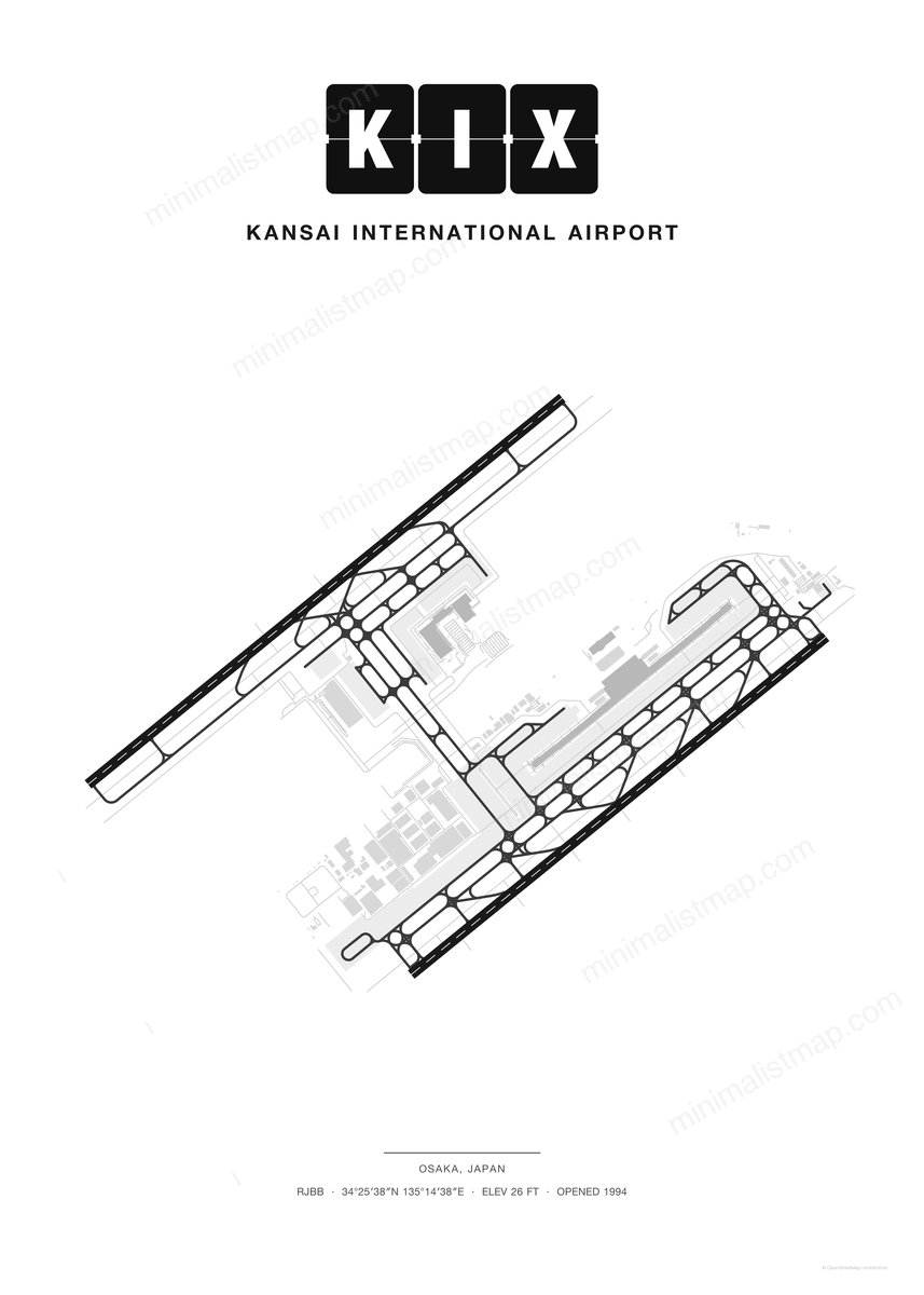 KIX Kansai International Airport map poster, Classic style, minimalist black and white airport map
