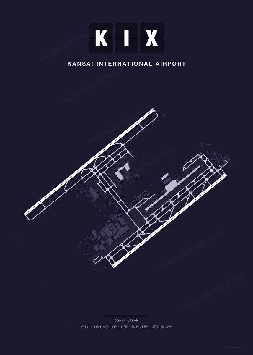 KIX Kansai International Airport map poster, Dark style, minimalist navy airport map