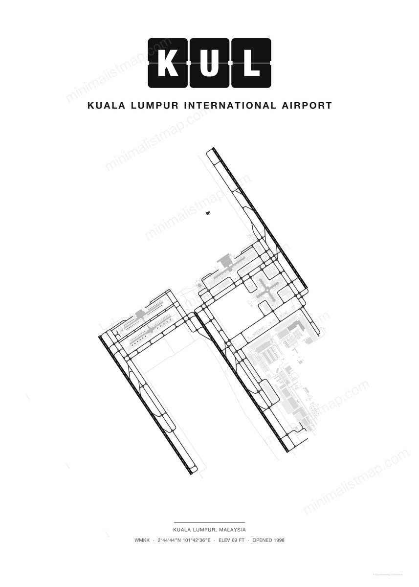 KUL Kuala Lumpur International Airport map poster, Classic style, minimalist black and white airport map