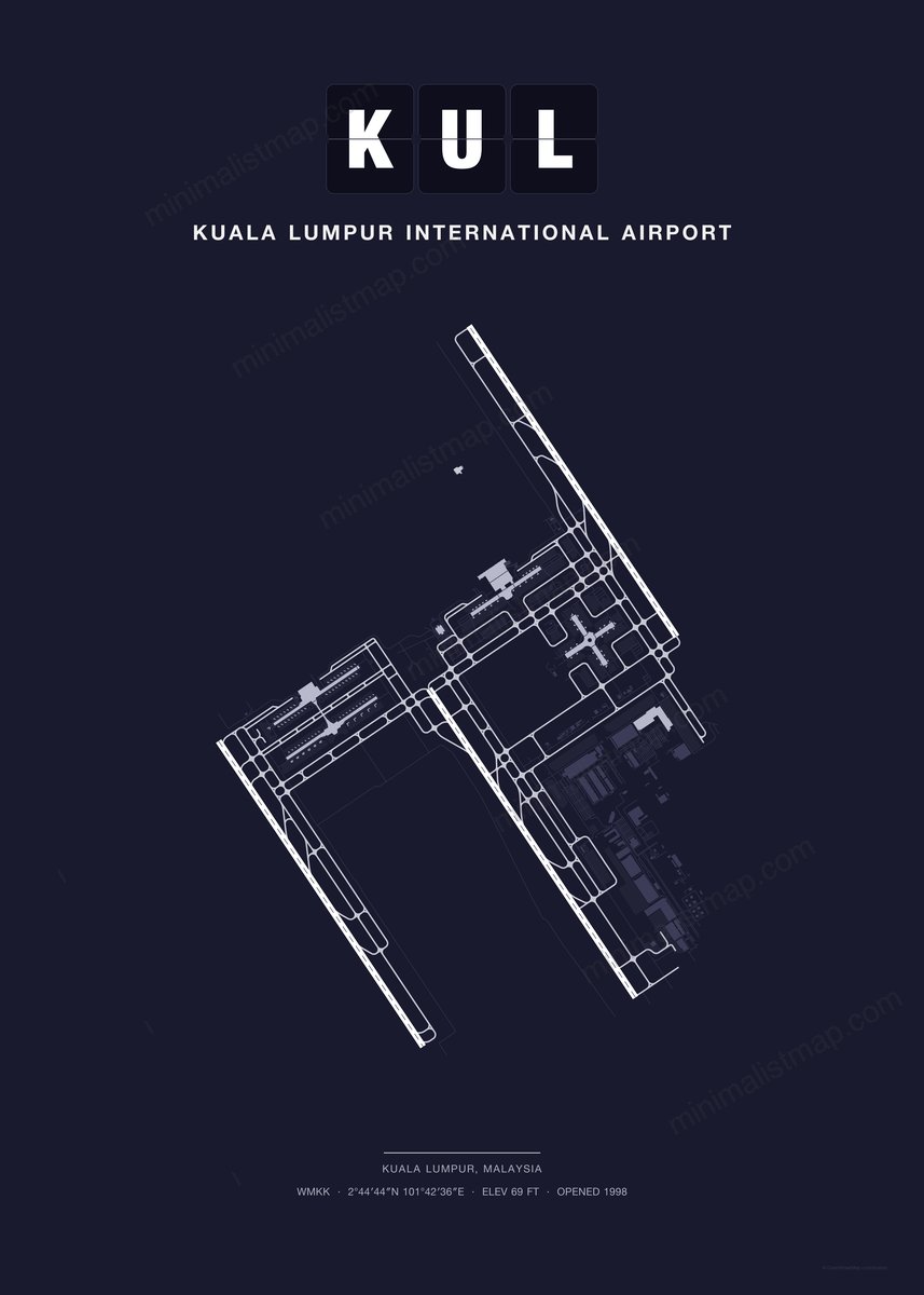 KUL Kuala Lumpur International Airport map poster, Dark style, minimalist navy airport map