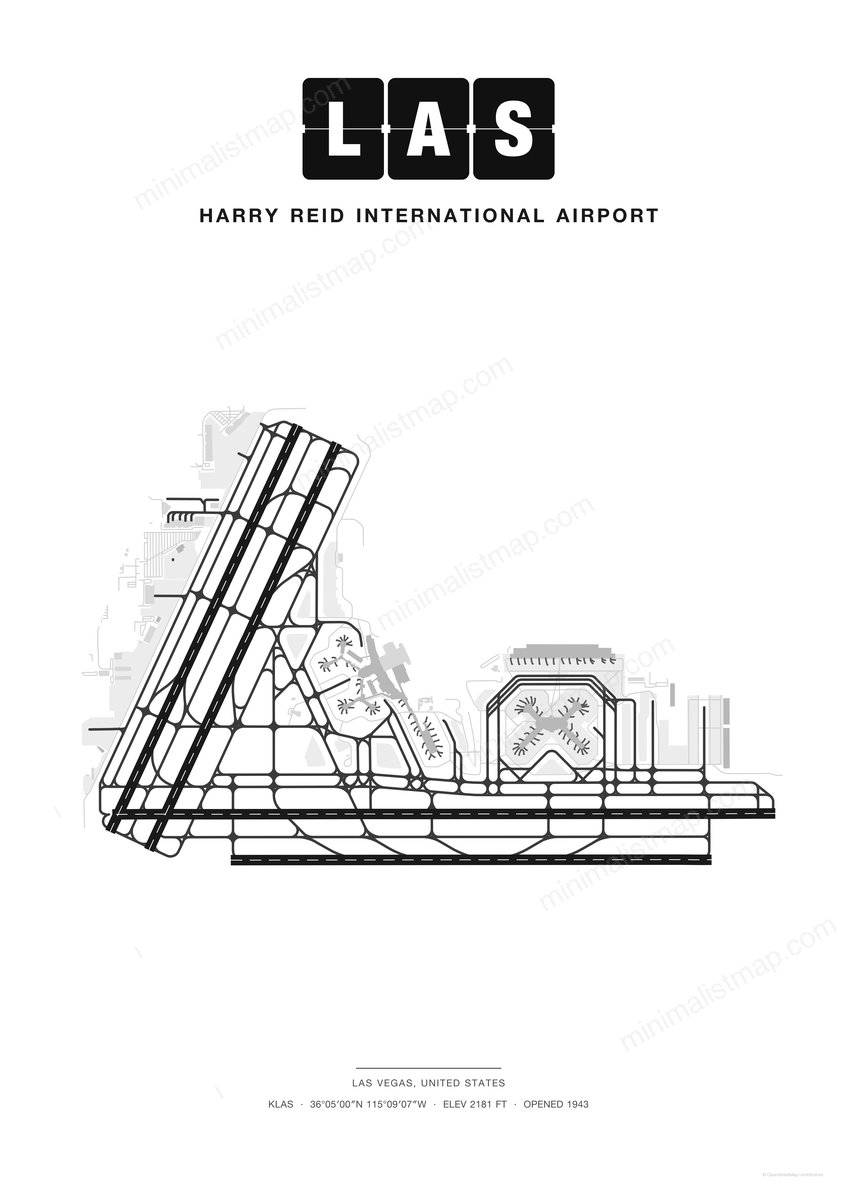 LAS Harry Reid International Airport map poster, Classic style, minimalist black and white airport map