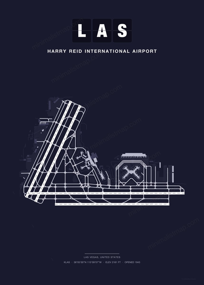 LAS Harry Reid International Airport map poster, Dark style, minimalist navy airport map