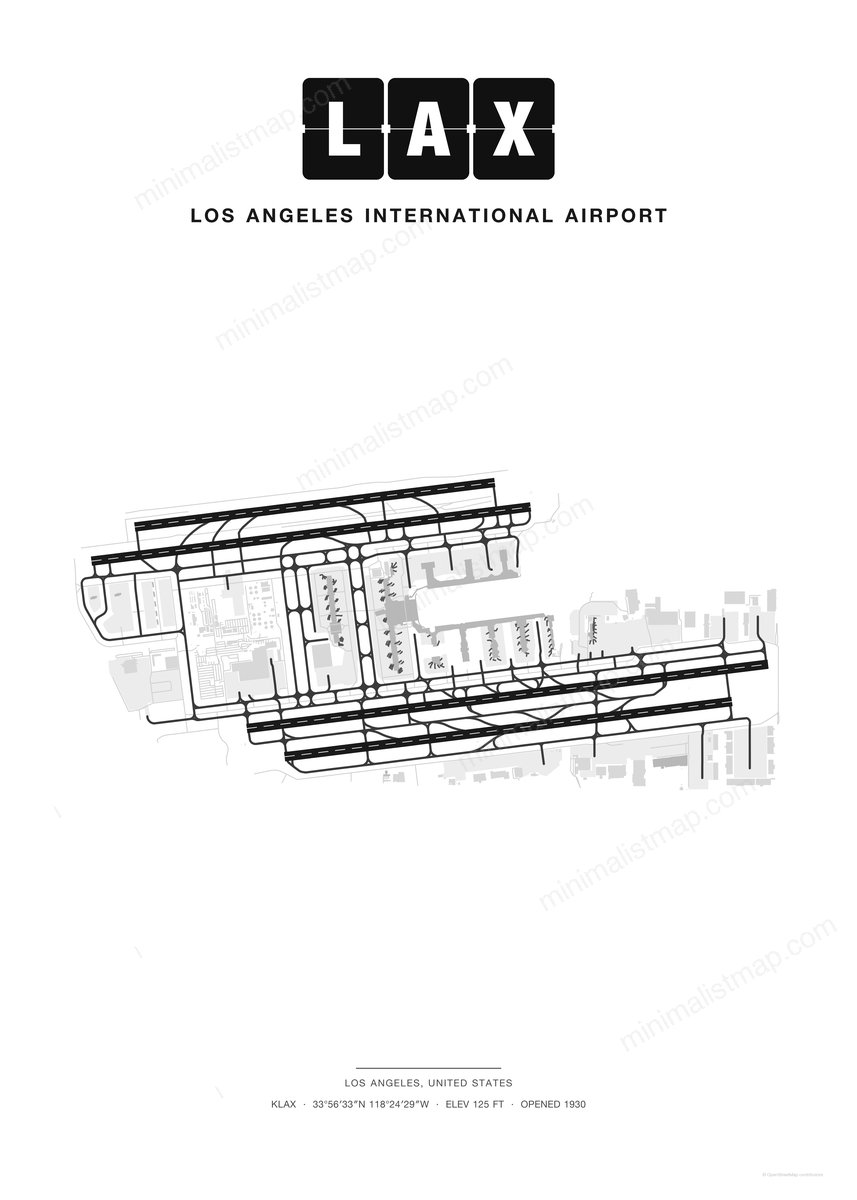 LAX Los Angeles International Airport map poster, Classic style, minimalist black and white airport map