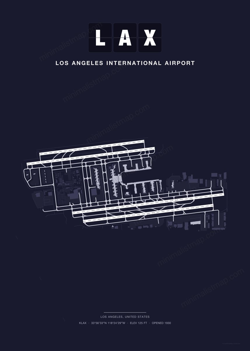 LAX Los Angeles International Airport map poster, Dark style, minimalist navy airport map