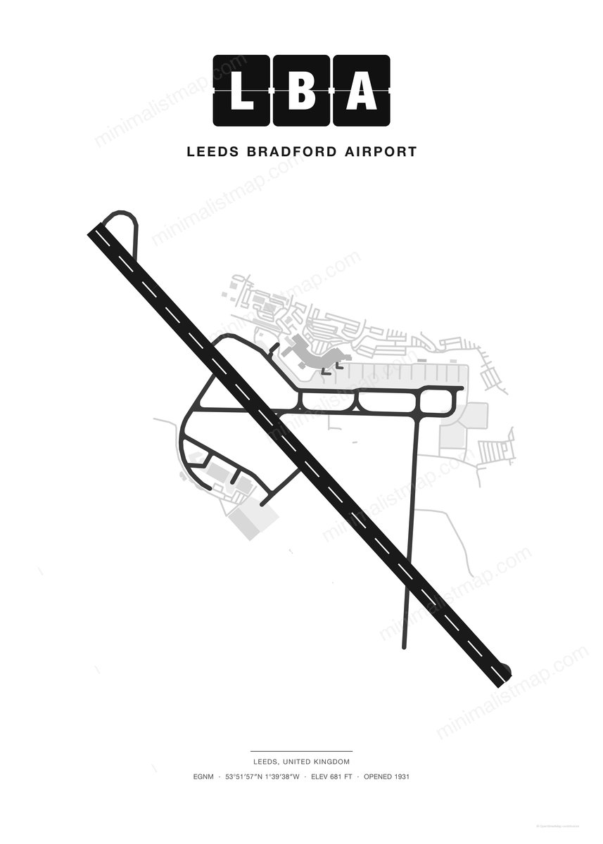 LBA Leeds Bradford Airport map poster, Classic style, minimalist black and white airport map