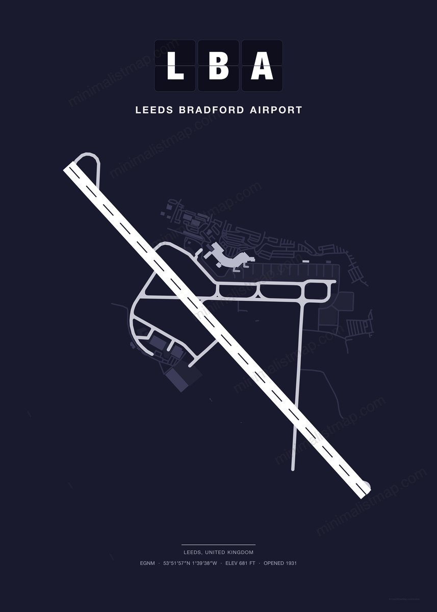 LBA Leeds Bradford Airport map poster, Dark style, minimalist navy airport map
