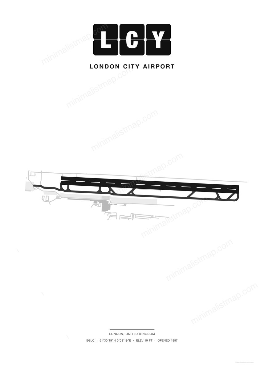 LCY London City Airport map poster, Classic style, minimalist black and white airport map