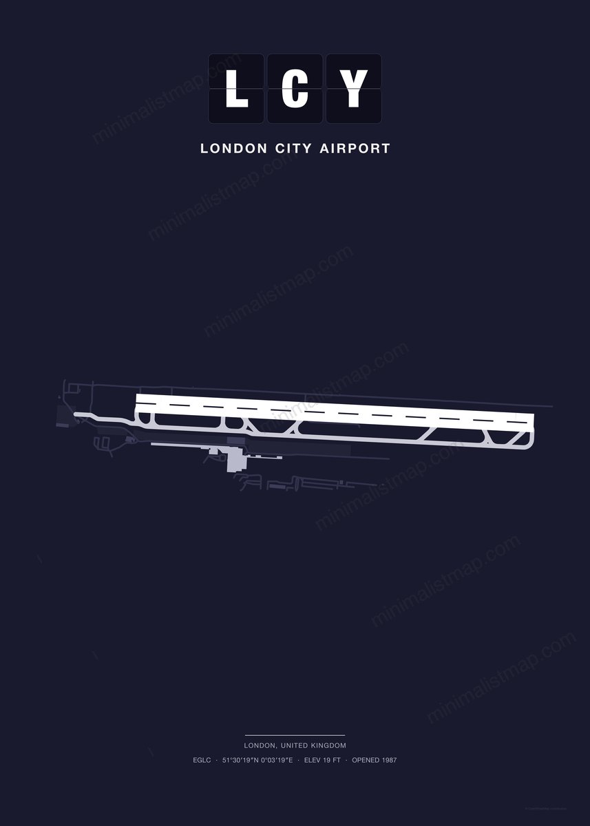 LCY London City Airport map poster, Dark style, minimalist navy airport map