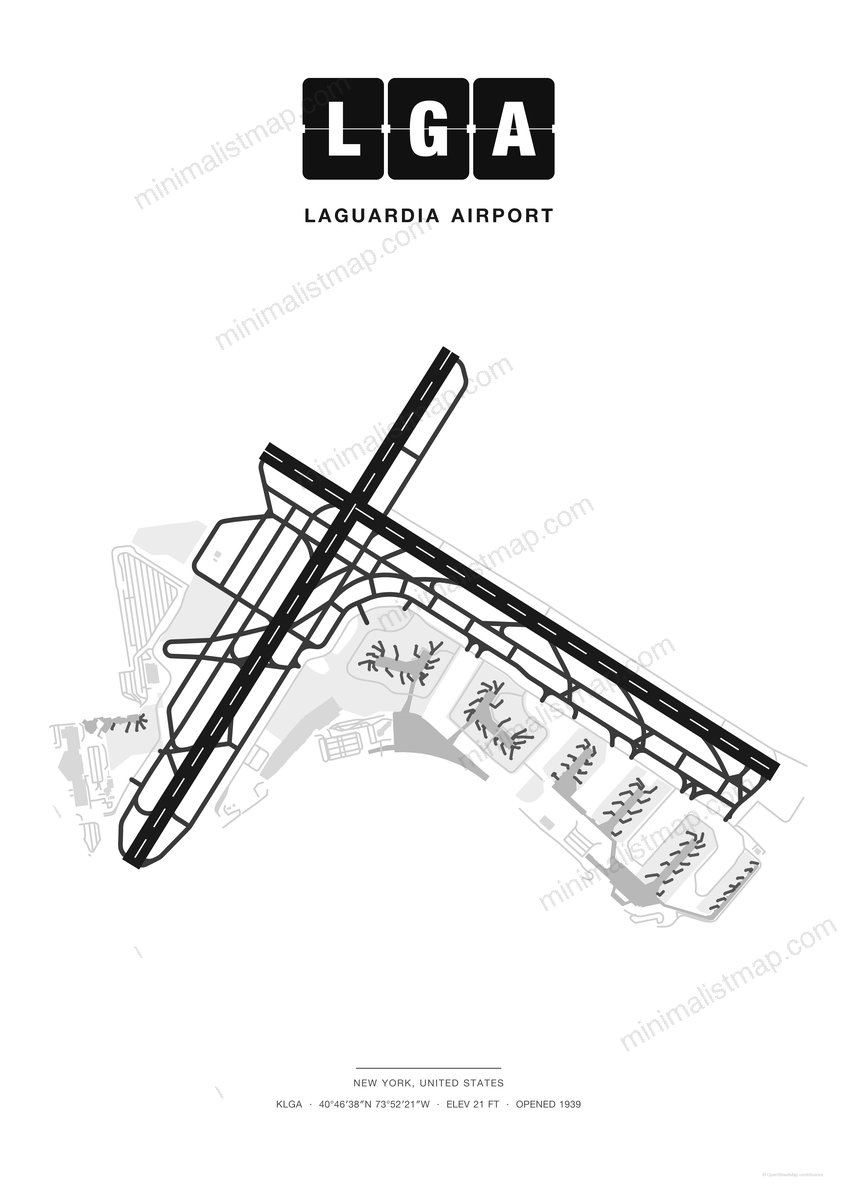 LGA LaGuardia Airport map poster, Classic style, minimalist black and white airport map