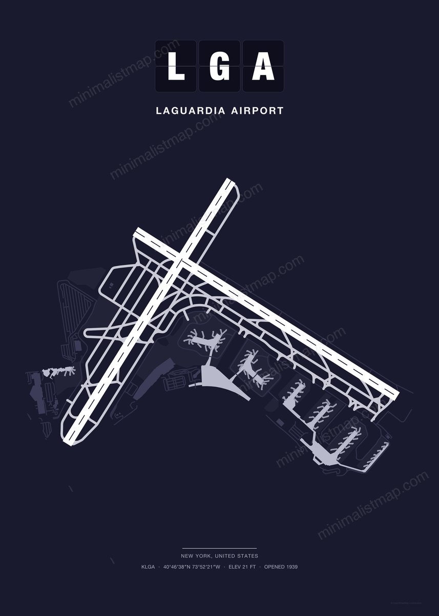 LGA LaGuardia Airport map poster, Dark style, minimalist navy airport map