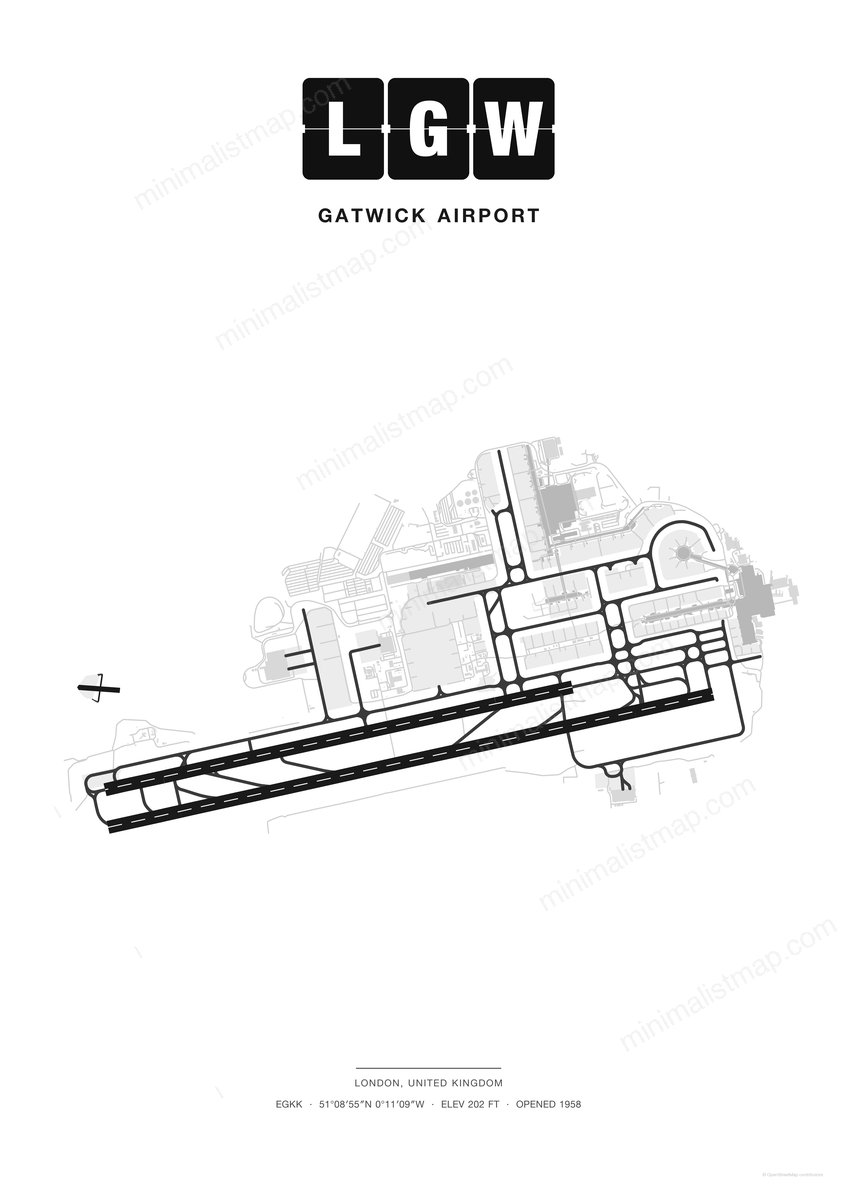 LGW Gatwick Airport map poster, Classic style, minimalist black and white airport map