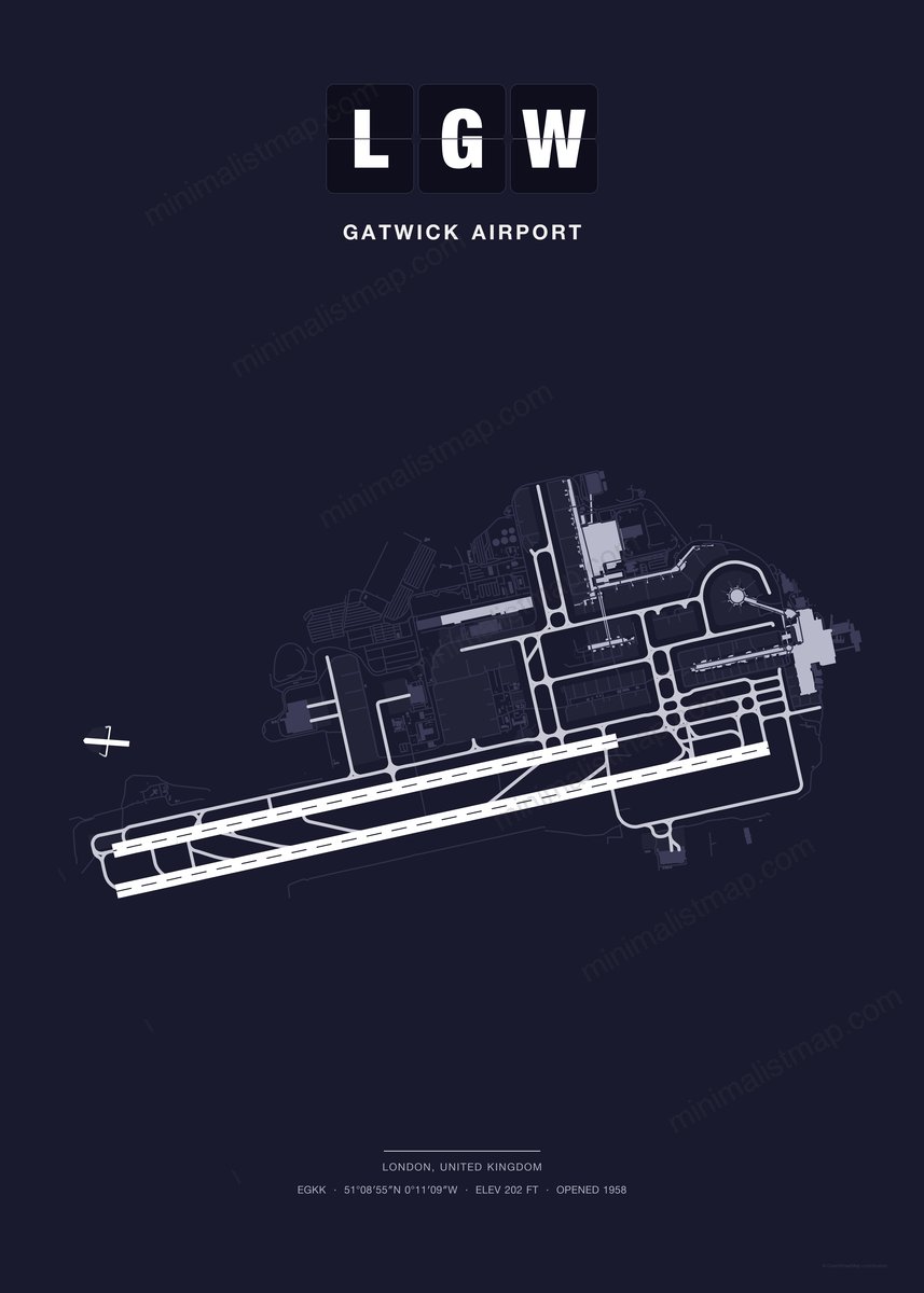 LGW Gatwick Airport map poster, Dark style, minimalist navy airport map
