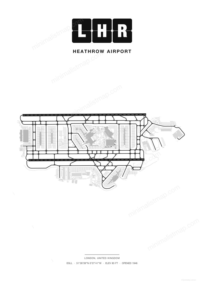 LHR Heathrow Airport map poster, Classic style, minimalist black and white airport map