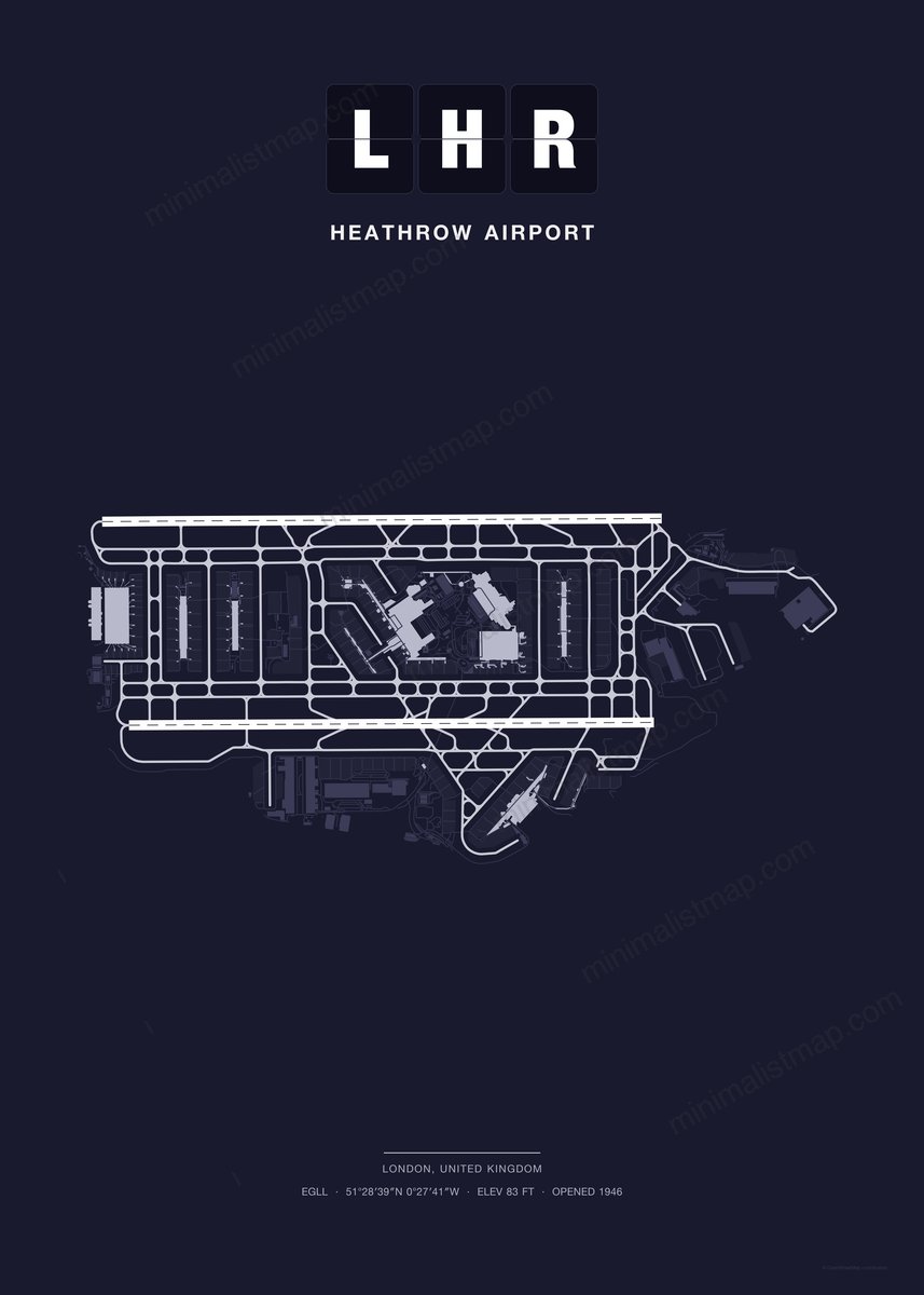 LHR Heathrow Airport map poster, Dark style, minimalist navy airport map