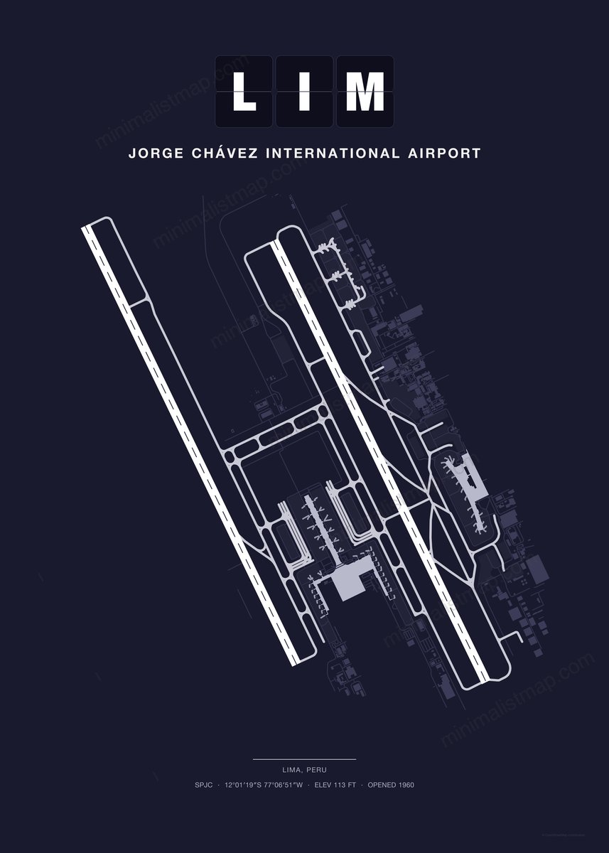 LIM Jorge Chávez International Airport map poster, Dark style, minimalist navy airport map