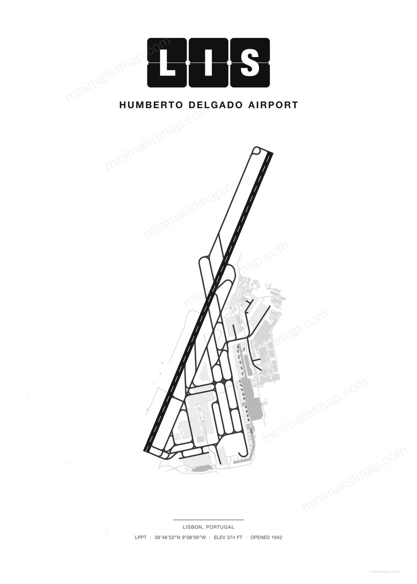 LIS Humberto Delgado Airport map poster, Classic style, minimalist black and white airport map