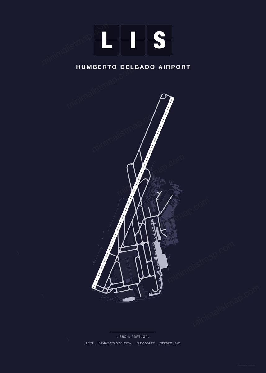 LIS Humberto Delgado Airport map poster, Dark style, minimalist navy airport map