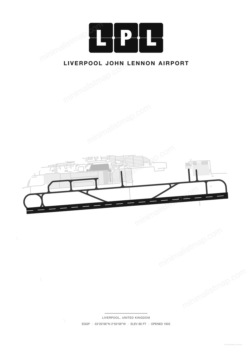 LPL Liverpool John Lennon Airport map poster, Classic style, minimalist black and white airport map