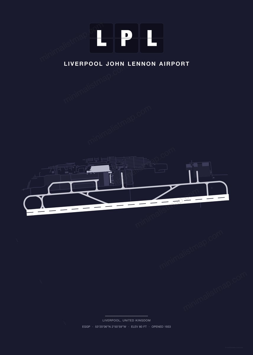 LPL Liverpool John Lennon Airport map poster, Dark style, minimalist navy airport map