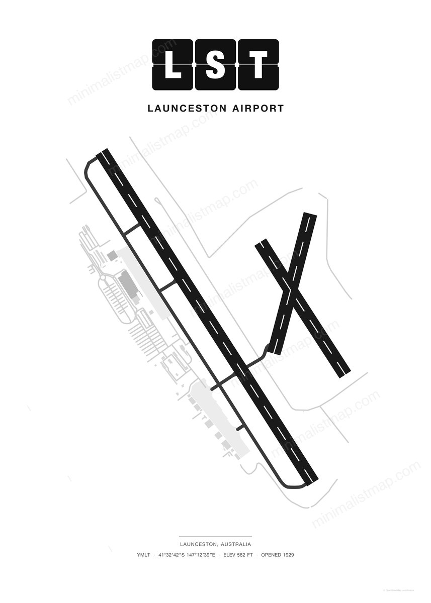 LST Launceston Airport map poster, Classic style, minimalist black and white airport map