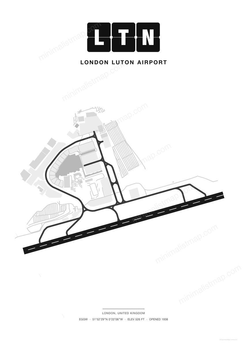 LTN London Luton Airport map poster, Classic style, minimalist black and white airport map