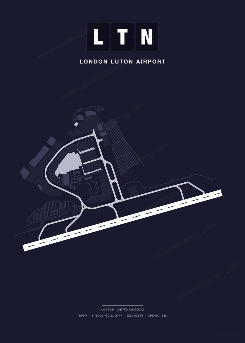 LTN London Luton Airport map poster, Dark style, minimalist navy airport map