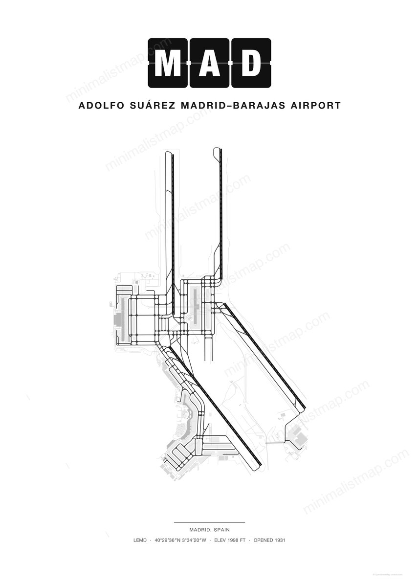 MAD Adolfo Suárez Madrid–Barajas Airport map poster, Classic style, minimalist black and white airport map