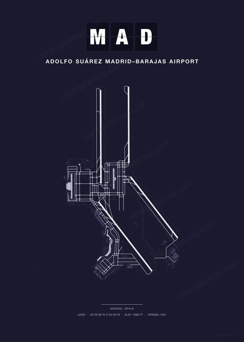 MAD Adolfo Suárez Madrid–Barajas Airport map poster, Dark style, minimalist navy airport map