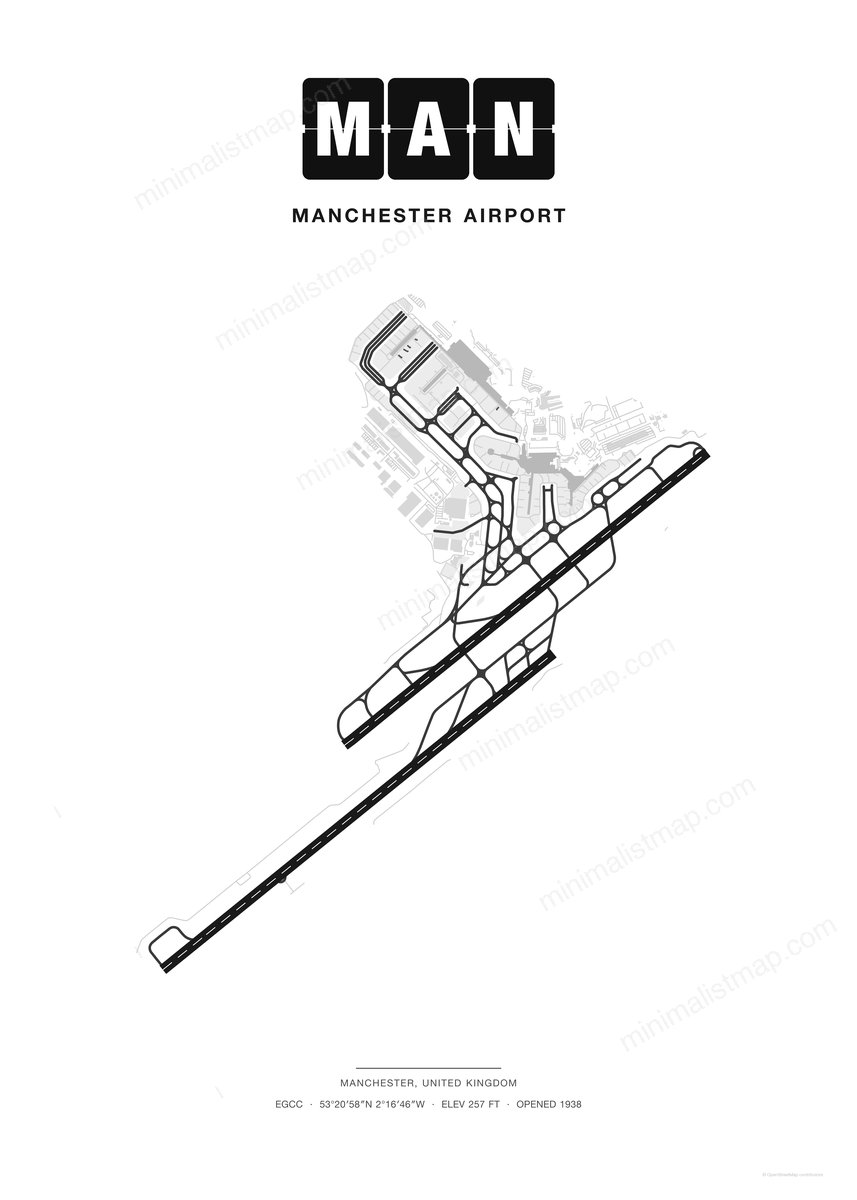 MAN Manchester Airport map poster, Classic style, minimalist black and white airport map