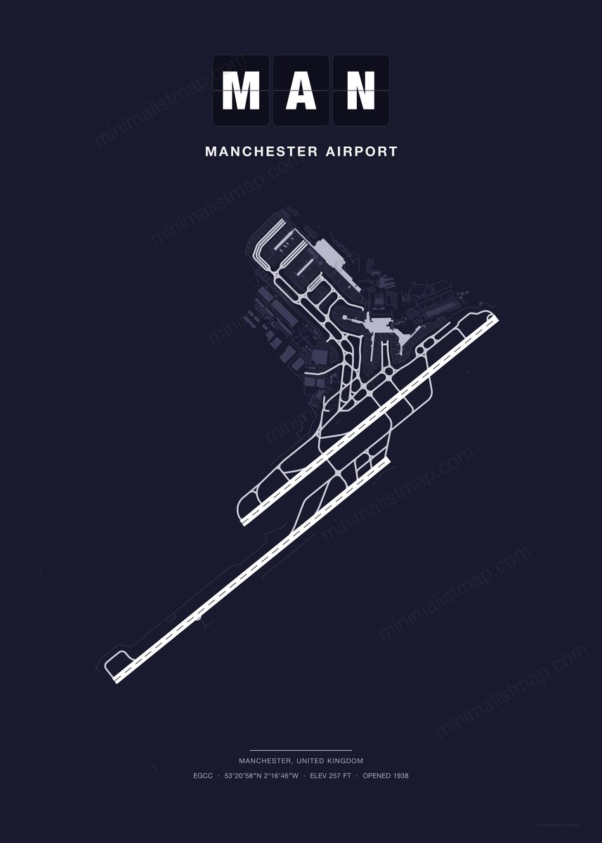 MAN Manchester Airport map poster, Dark style, minimalist navy airport map