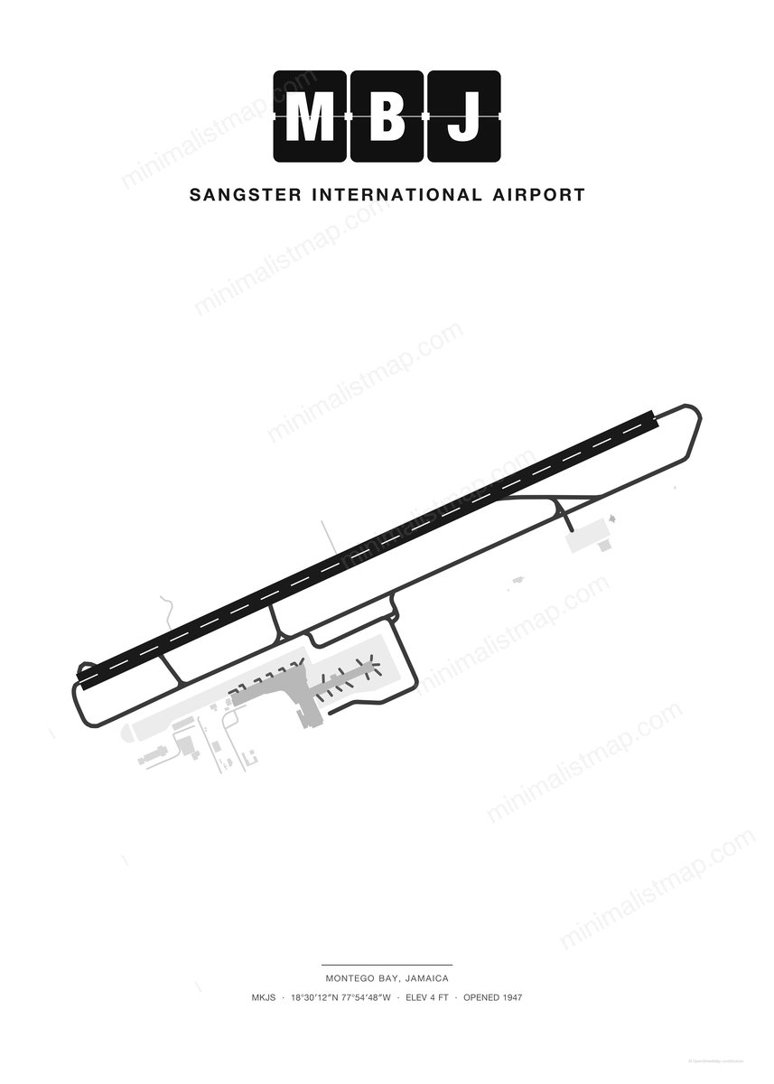MBJ Sangster International Airport map poster, Classic style, minimalist black and white airport map