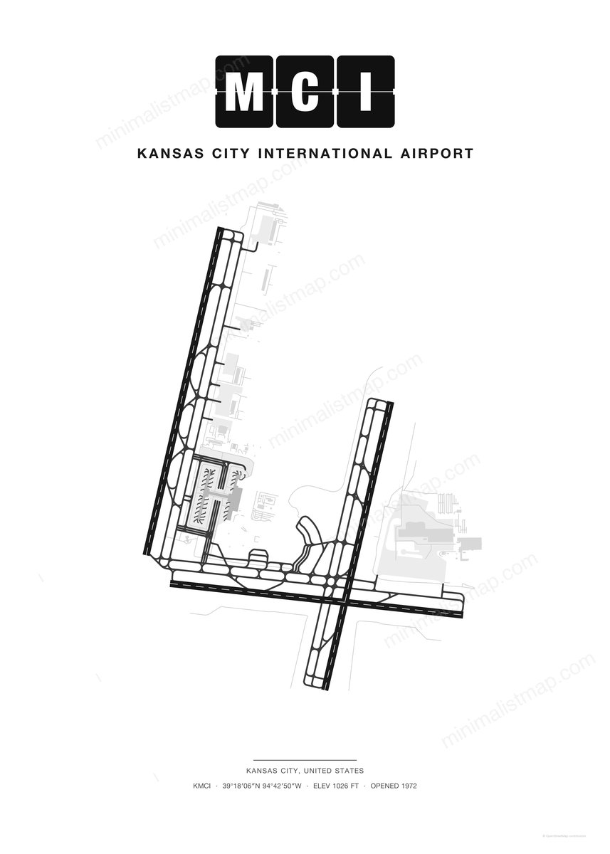 MCI Kansas City International Airport map poster, Classic style, minimalist black and white airport map