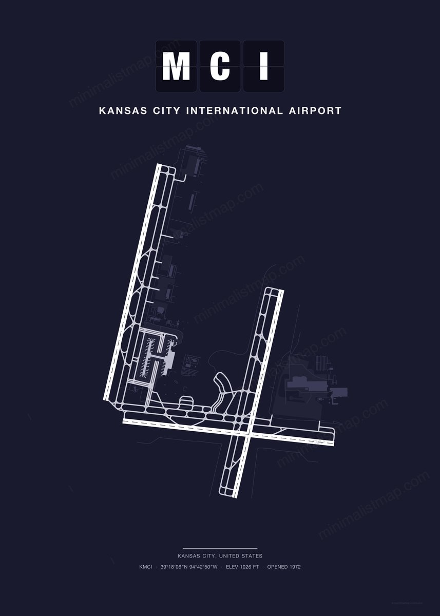 MCI Kansas City International Airport map poster, Dark style, minimalist navy airport map