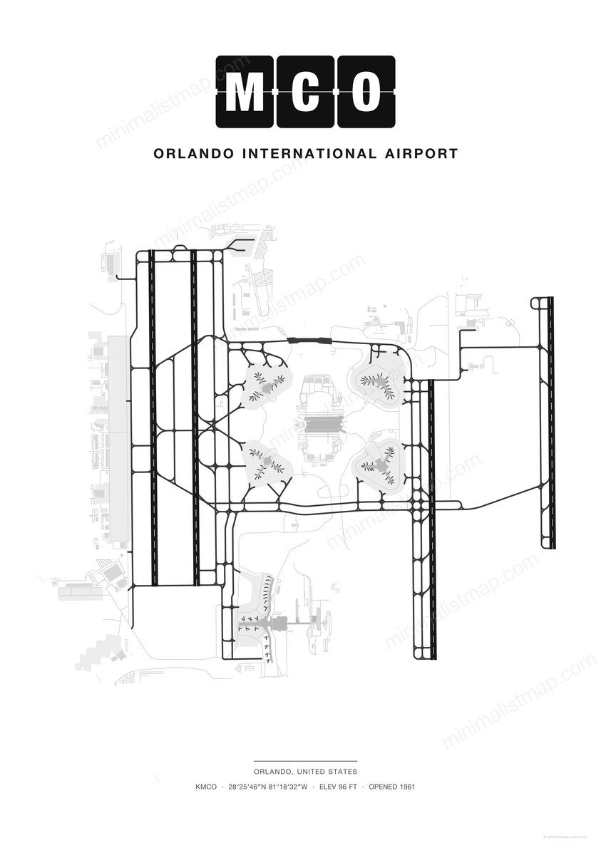 MCO Orlando International Airport map poster, Classic style, minimalist black and white airport map